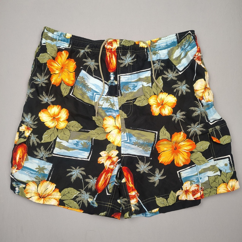 Sand N Sun Swim Trunks Mens XL Black Tropical Floral Hibiscus Cocktail Polyester